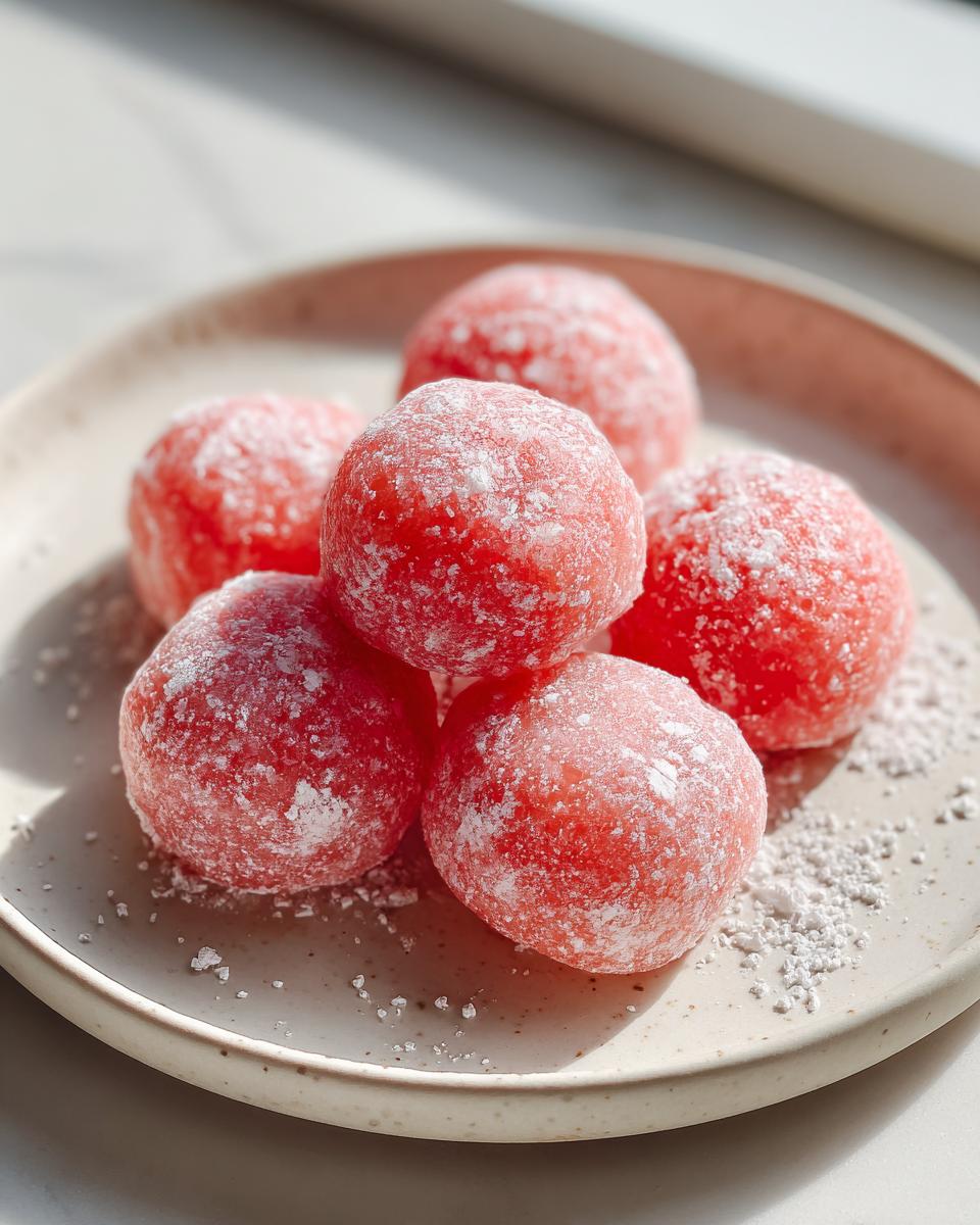 A stack of bright pink watermelon mochi balls dusted generously with white powdered sugar, resting on a light ceramic plate.