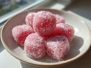 A small bowl filled with several bright pink, round watermelon mochi treats dusted heavily with white sugar.