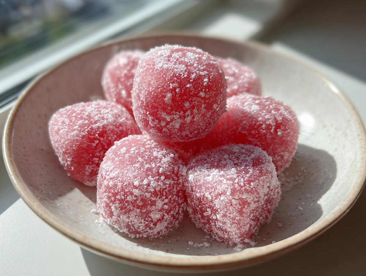 A small bowl filled with several bright pink, round watermelon mochi treats dusted heavily with white sugar.