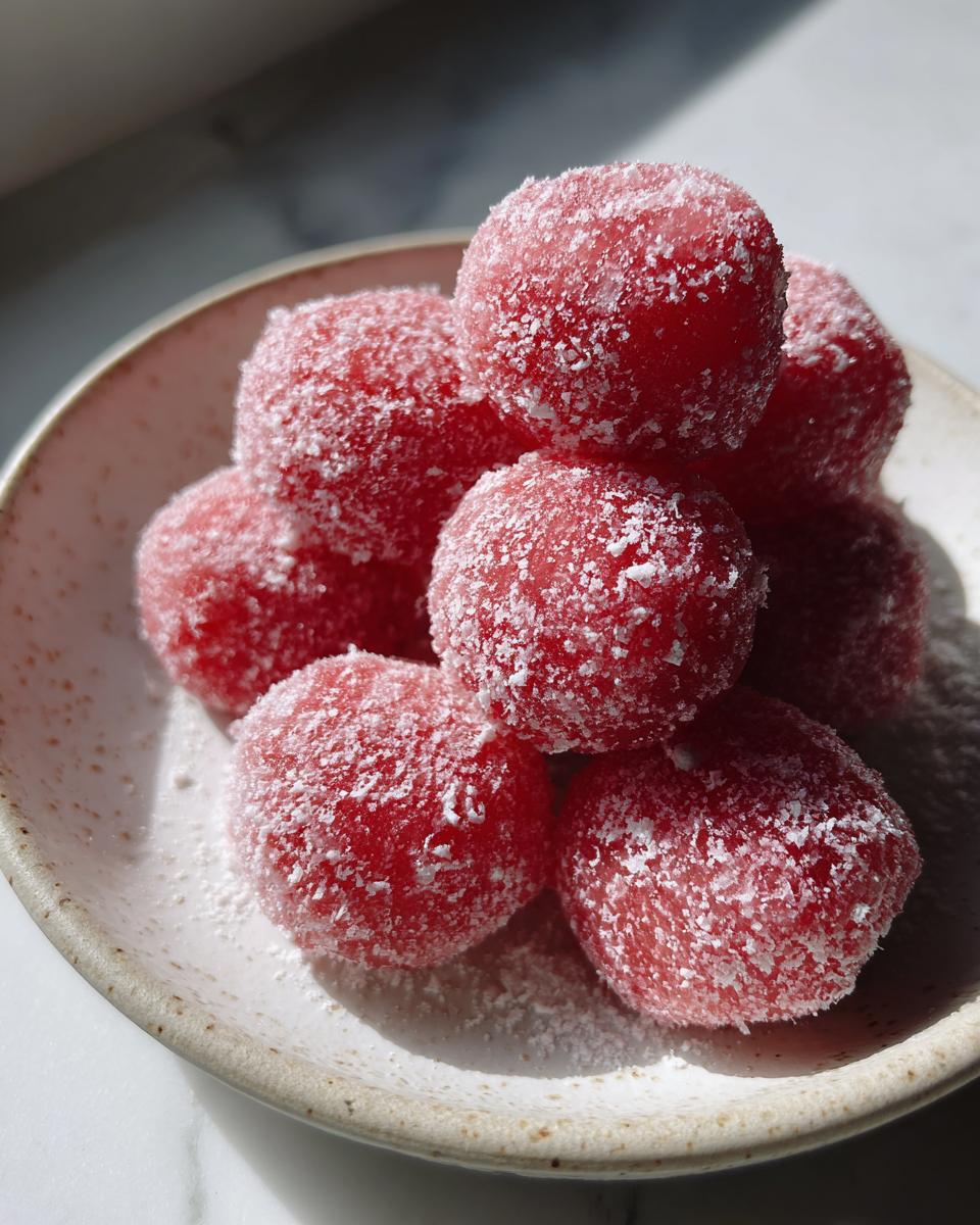 A pile of bright pink, round watermelon mochi generously coated in white sugar, resting on a speckled ceramic plate.