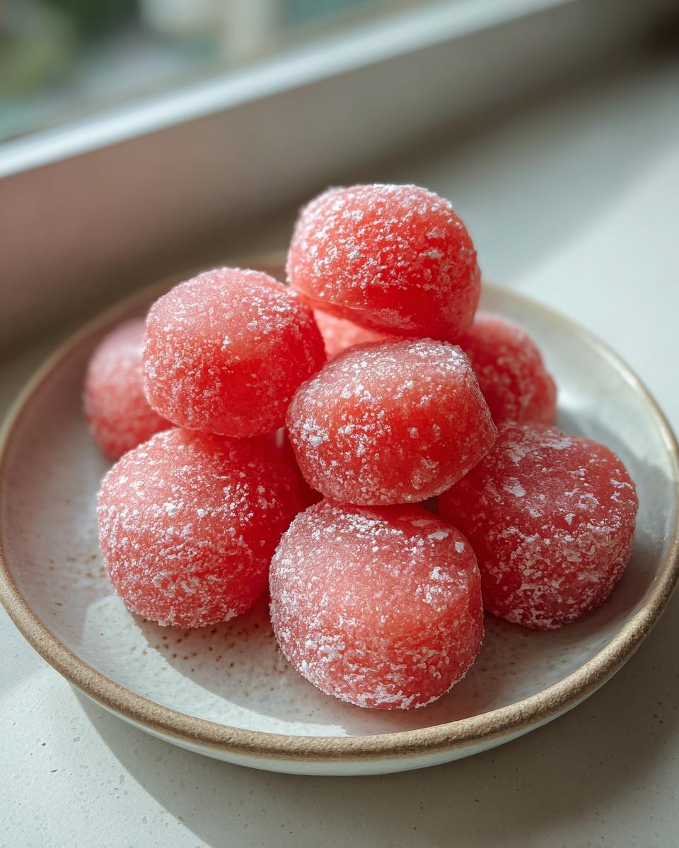 A close-up of several bright pink, sugar-dusted watermelon mochi stacked on a small ceramic plate.