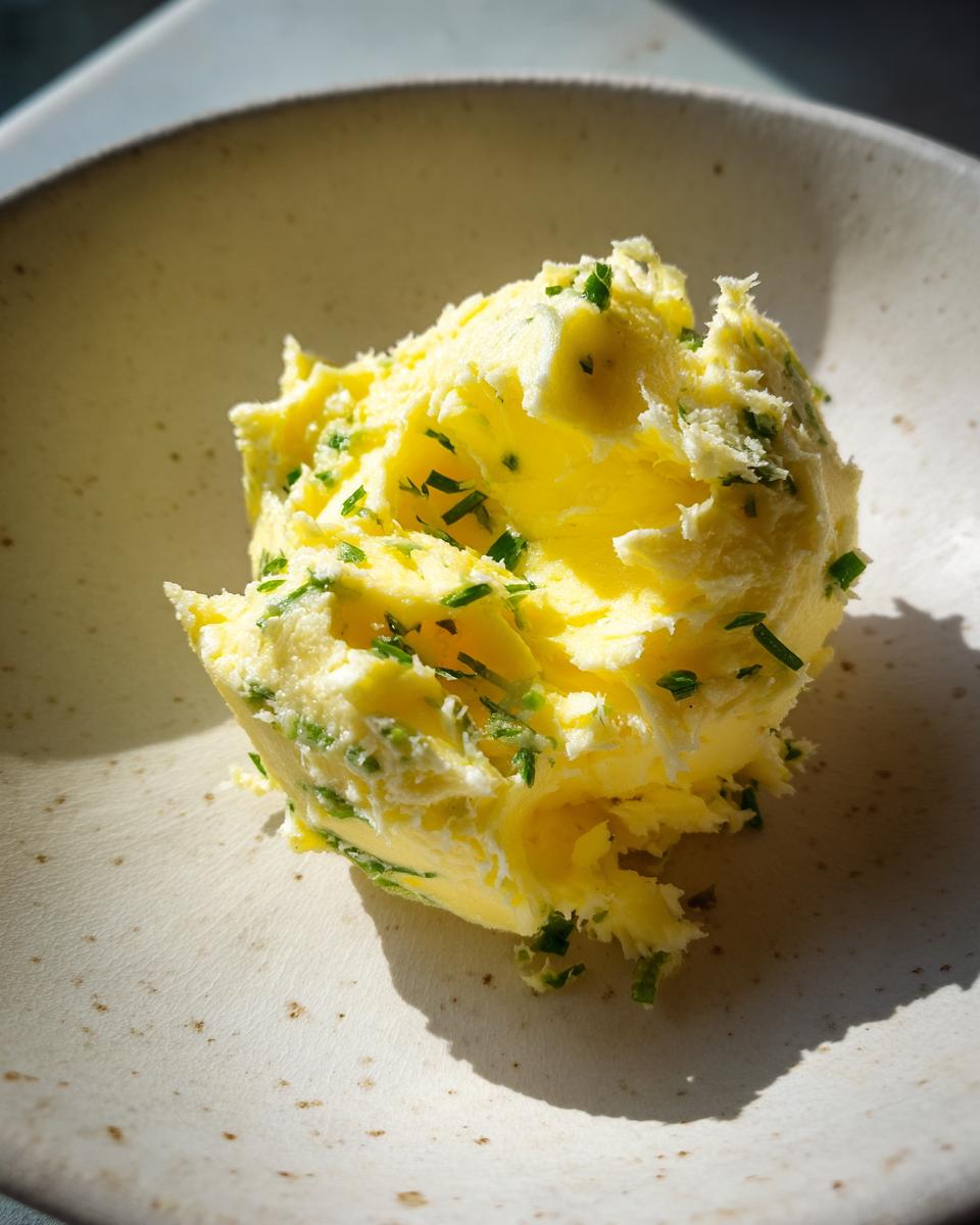 A scoop of bright yellow, whipped garlic butter mixed with finely chopped green chives, sitting in a speckled ceramic bowl.