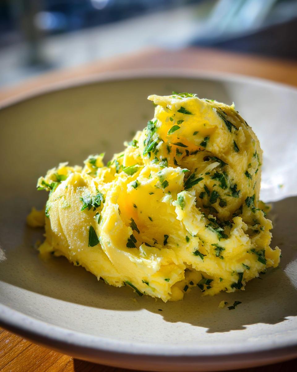 A mound of bright yellow, whipped garlic butter mixed with chopped green herbs, likely parsley, served on a light-colored plate.