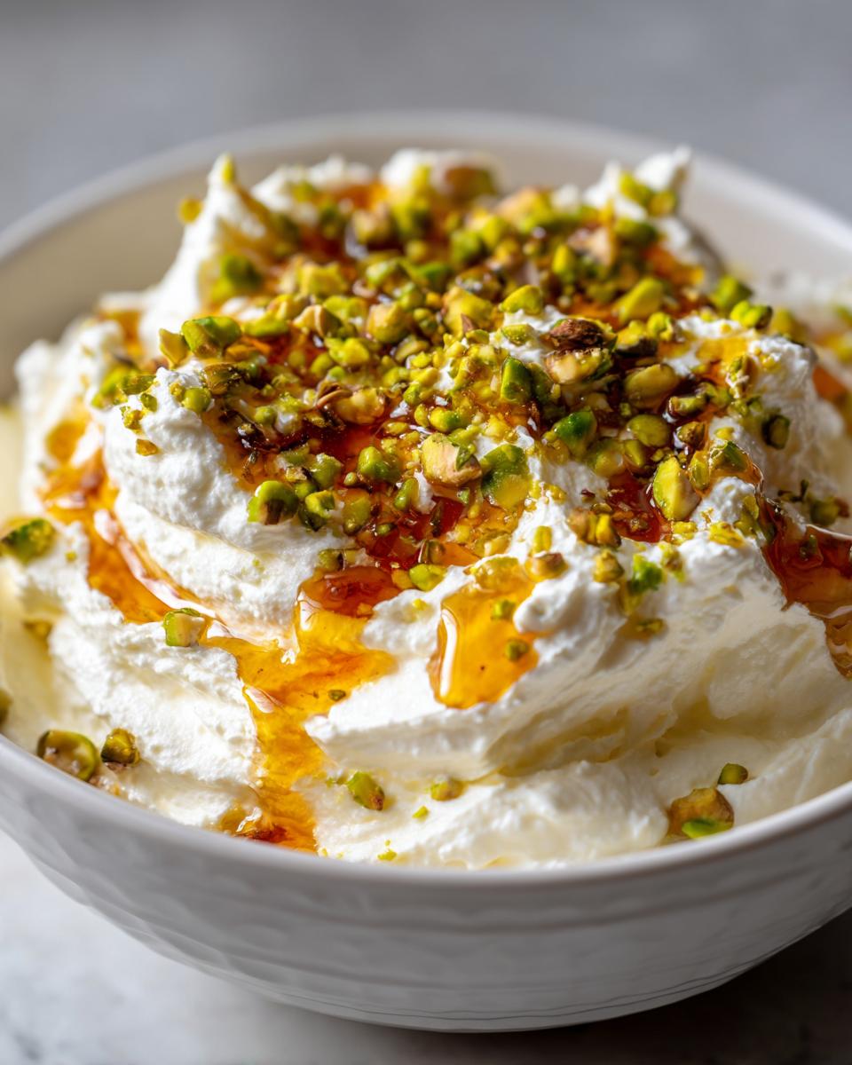 Close-up of a fluffy whipped ricotta dip drizzled with golden honey and topped with chopped green pistachios.