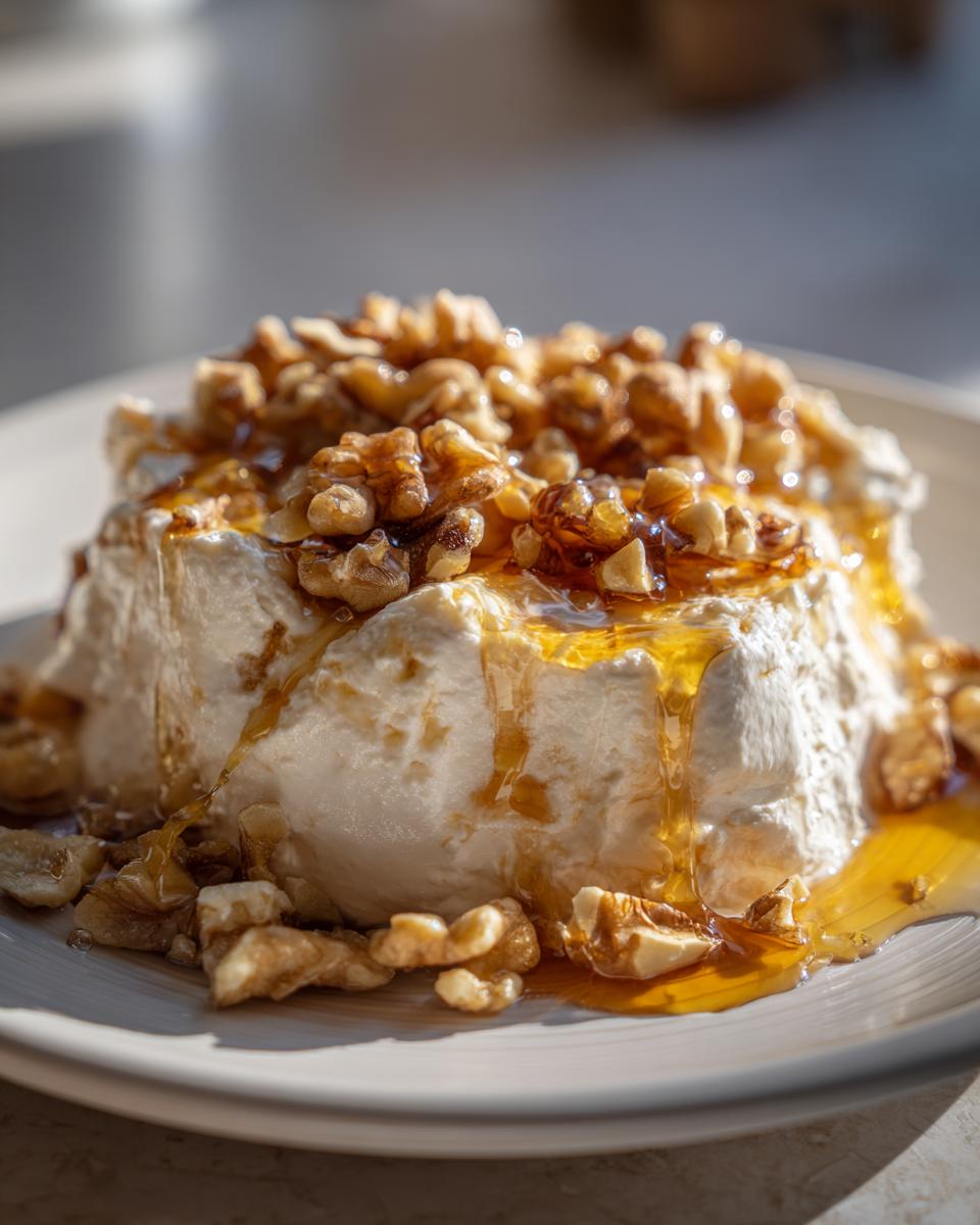 A mound of creamy whipped ricotta dip drizzled with golden honey and topped with crunchy walnuts.