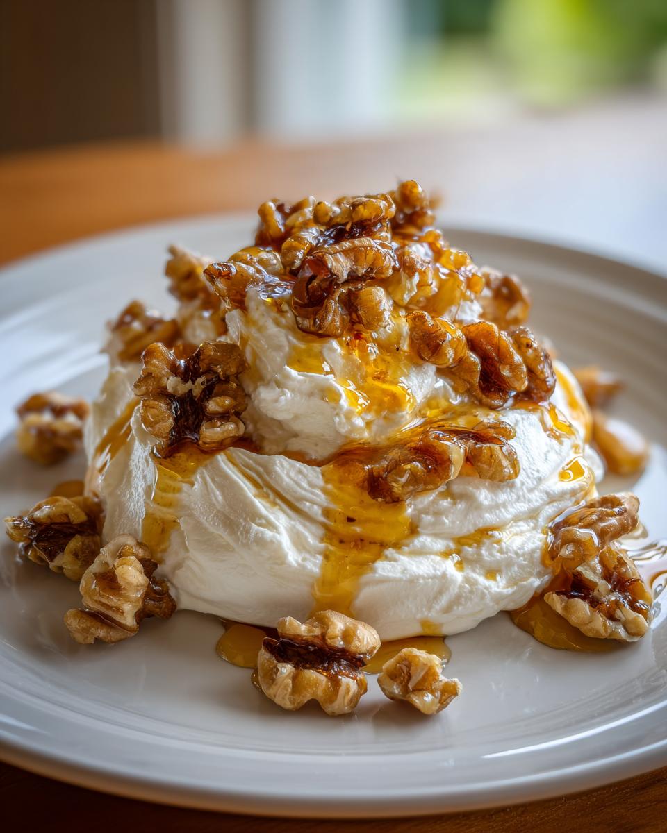A mound of creamy whipped ricotta dip drizzled with honey and topped generously with candied walnuts.