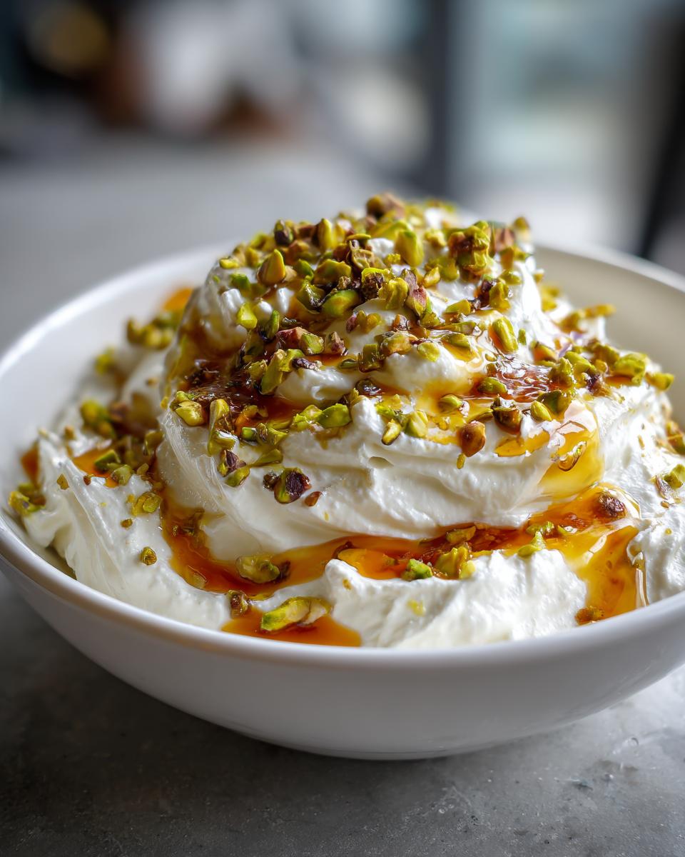 Close-up of a bowl of fluffy whipped ricotta dip drizzled with honey and topped with chopped pistachios.