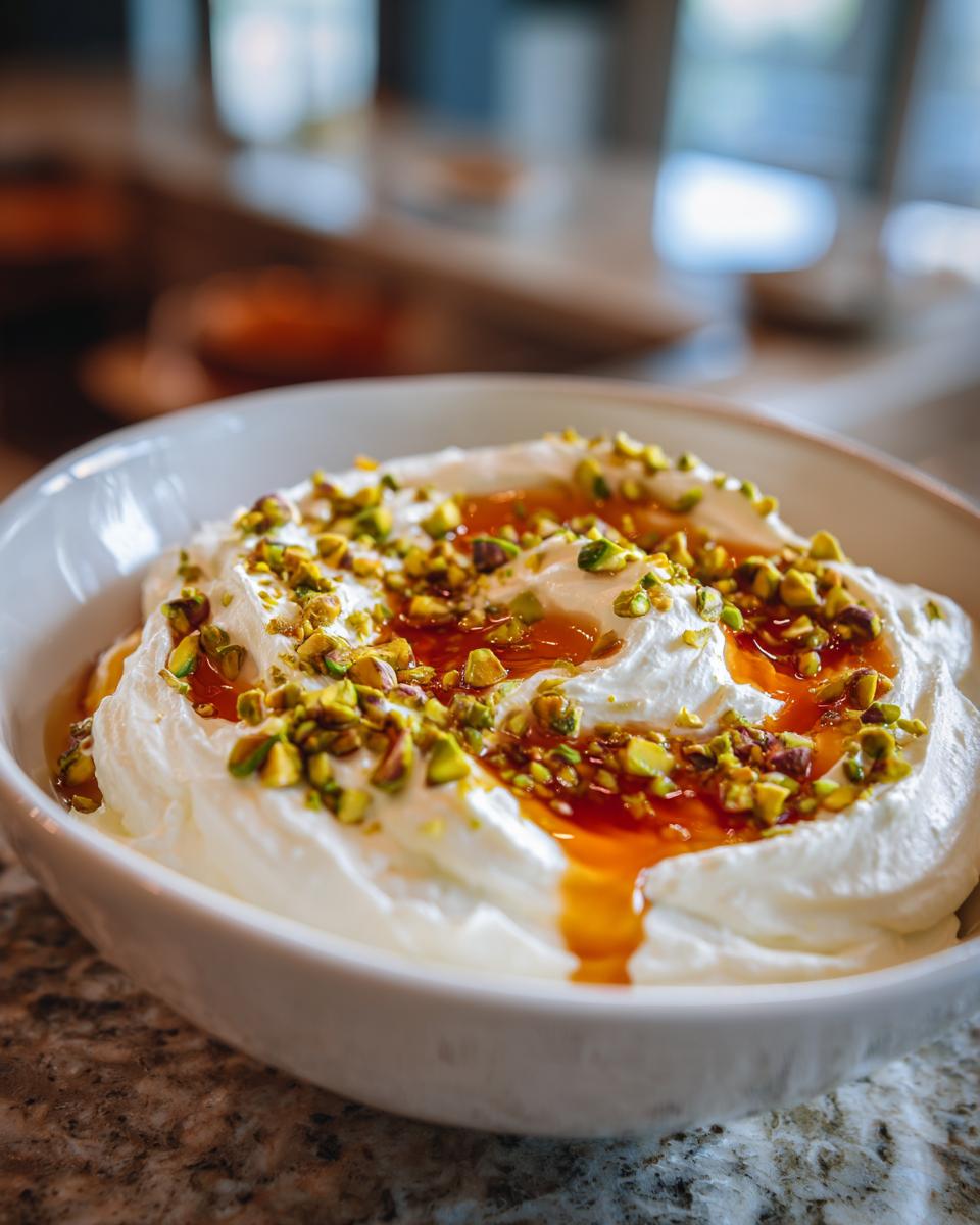 Close-up of a bowl of fluffy whipped ricotta dip drizzled with amber honey and sprinkled with chopped green pistachios.