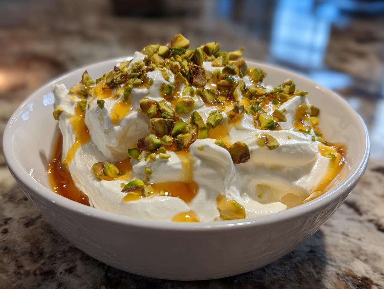 A close-up of a white bowl filled with fluffy whipped ricotta dip, drizzled with honey and topped with chopped pistachios.