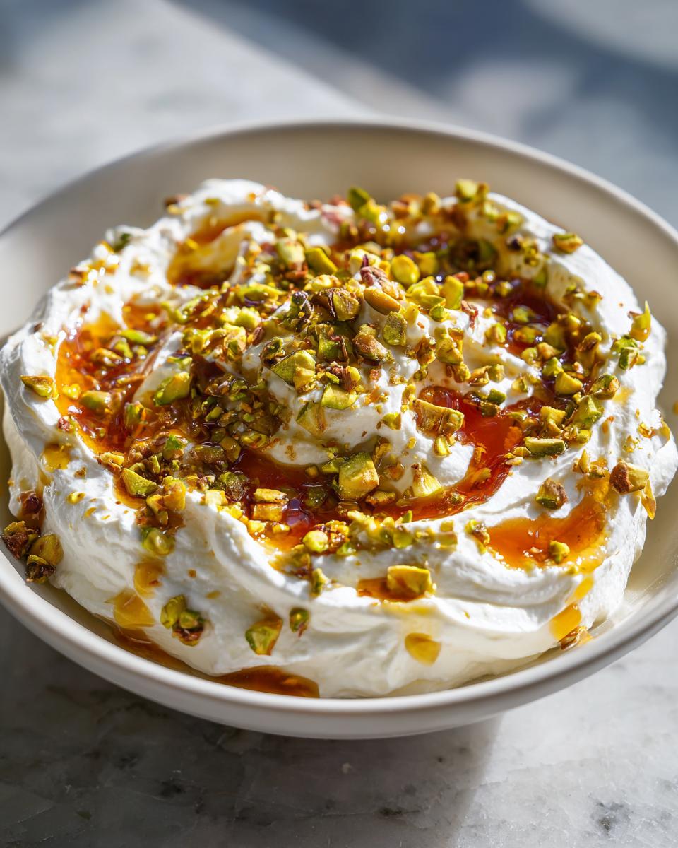 A bowl of creamy whipped ricotta dip drizzled with honey and topped generously with chopped pistachios.