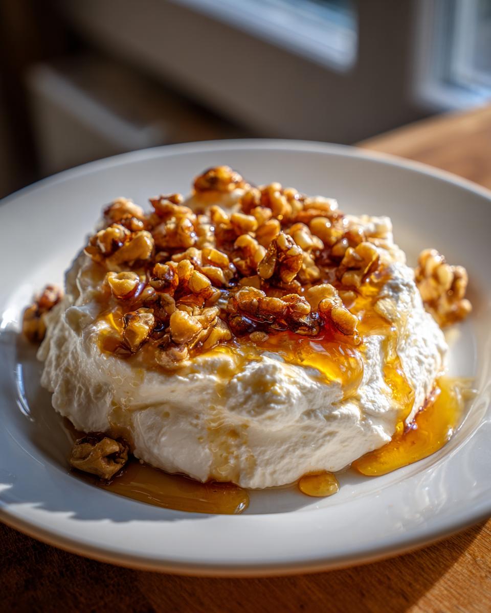 A mound of creamy whipped ricotta dip topped generously with candied walnuts and drizzled with golden honey.