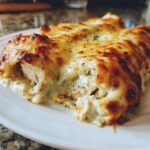 A close-up of baked white chicken enchiladas smothered in melted, browned cheese and creamy sauce.