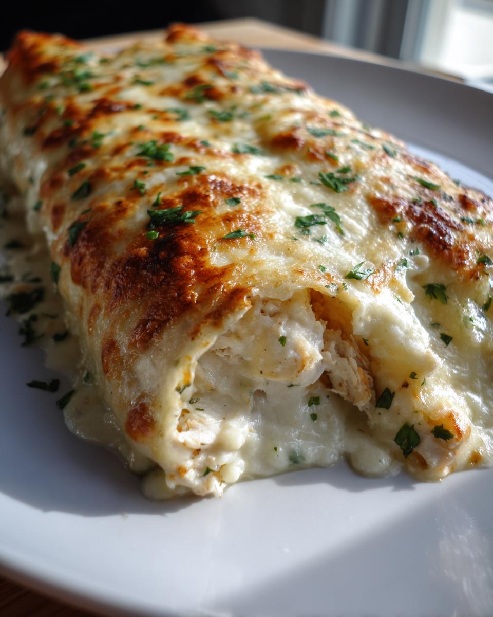 Close-up of baked white chicken enchiladas covered in melted, browned cheese and fresh parsley.