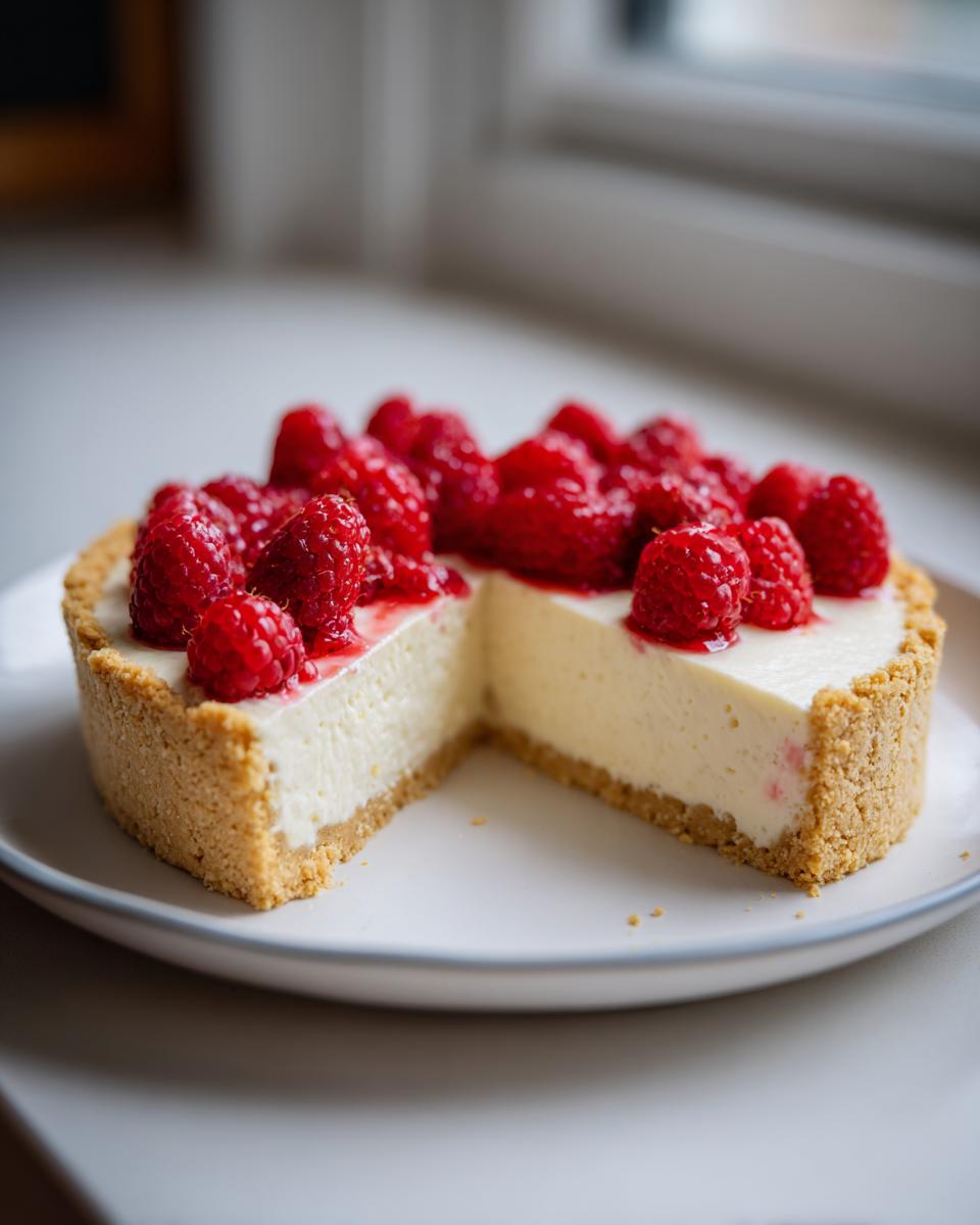 A slice taken out of a creamy white chocolate mousse tart topped generously with fresh raspberries.