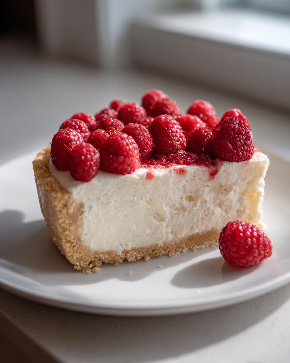 A close-up of a slice of white chocolate mousse tart with a graham cracker crust, topped generously with fresh raspberries.