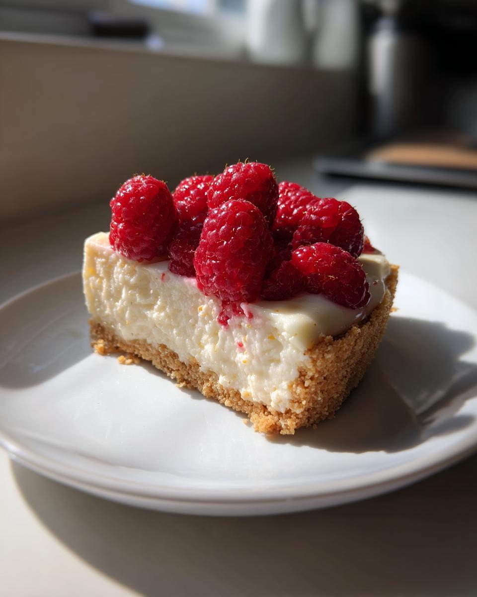 A single slice of white chocolate mousse tart with a graham cracker crust, topped generously with fresh raspberries.