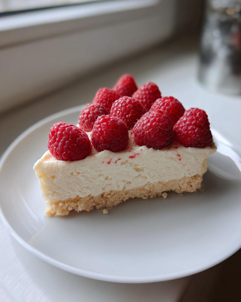 A slice of creamy white chocolate mousse tart topped with fresh raspberries on a white plate.