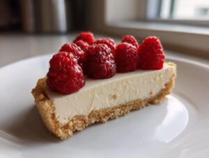 A perfect slice of white chocolate mousse tart with a graham cracker crust, topped with fresh raspberries.