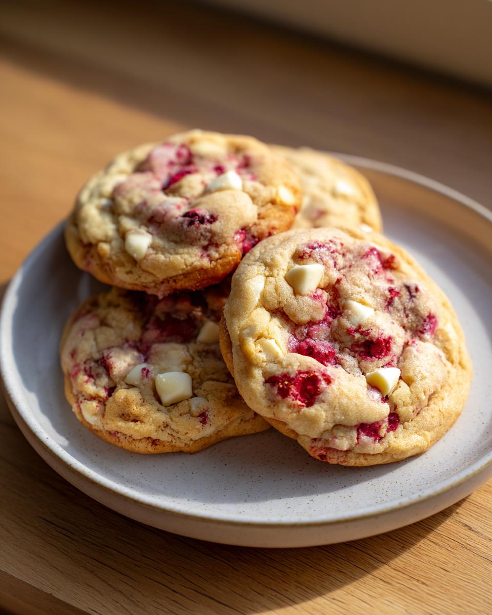 Close-up of several soft white chocolate raspberry cookies piled on a speckled ceramic plate.