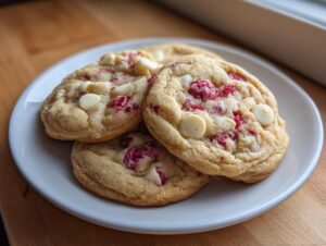 Three freshly baked white chocolate raspberry cookies stacked slightly on a white plate.