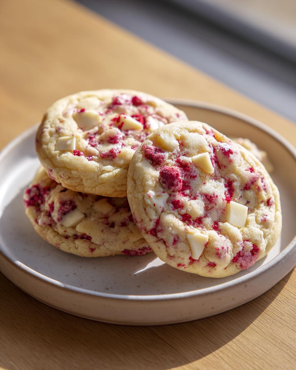 Three soft-baked white chocolate raspberry cookies stacked on a speckled plate in bright sunlight.