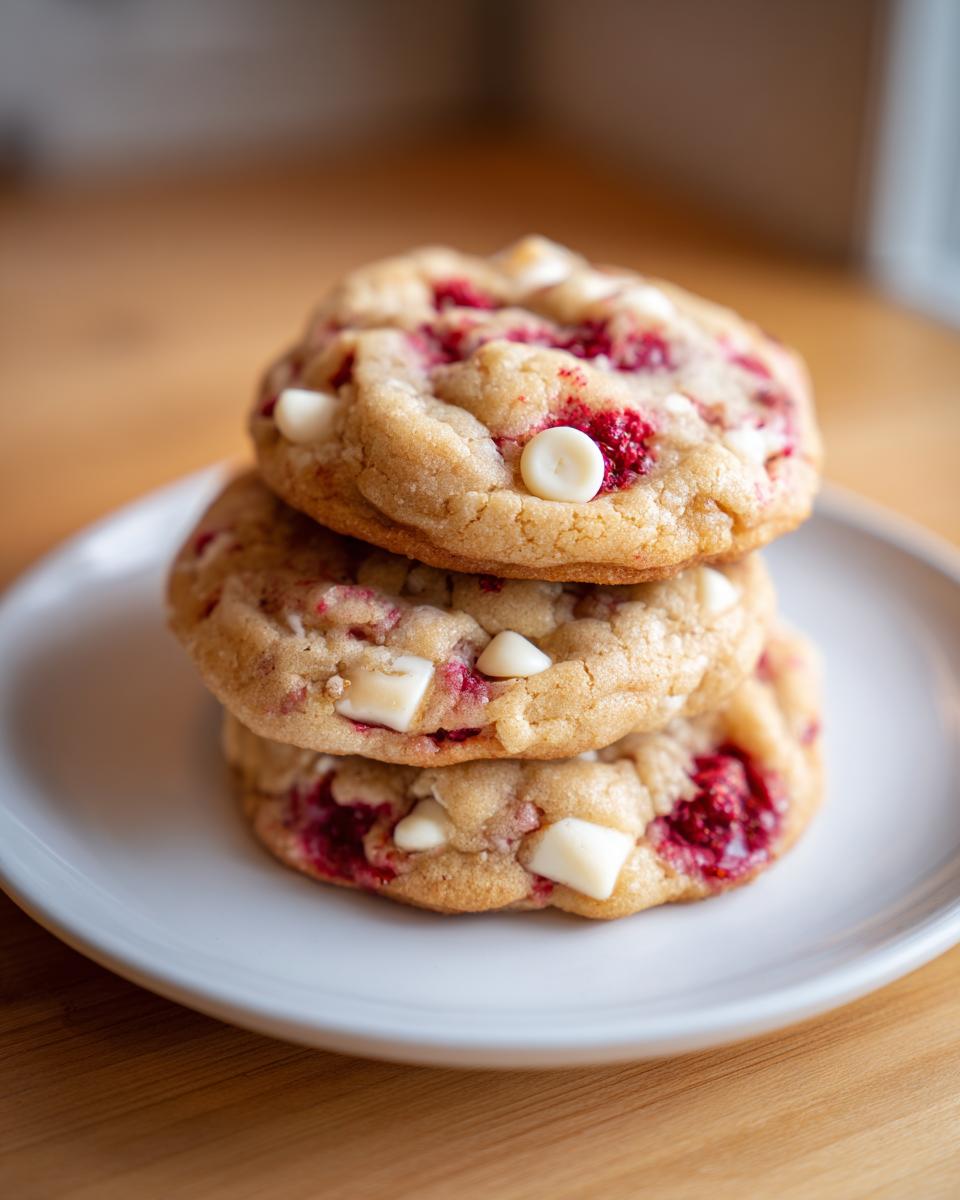 A stack of three soft, thick white chocolate raspberry cookies on a white plate.