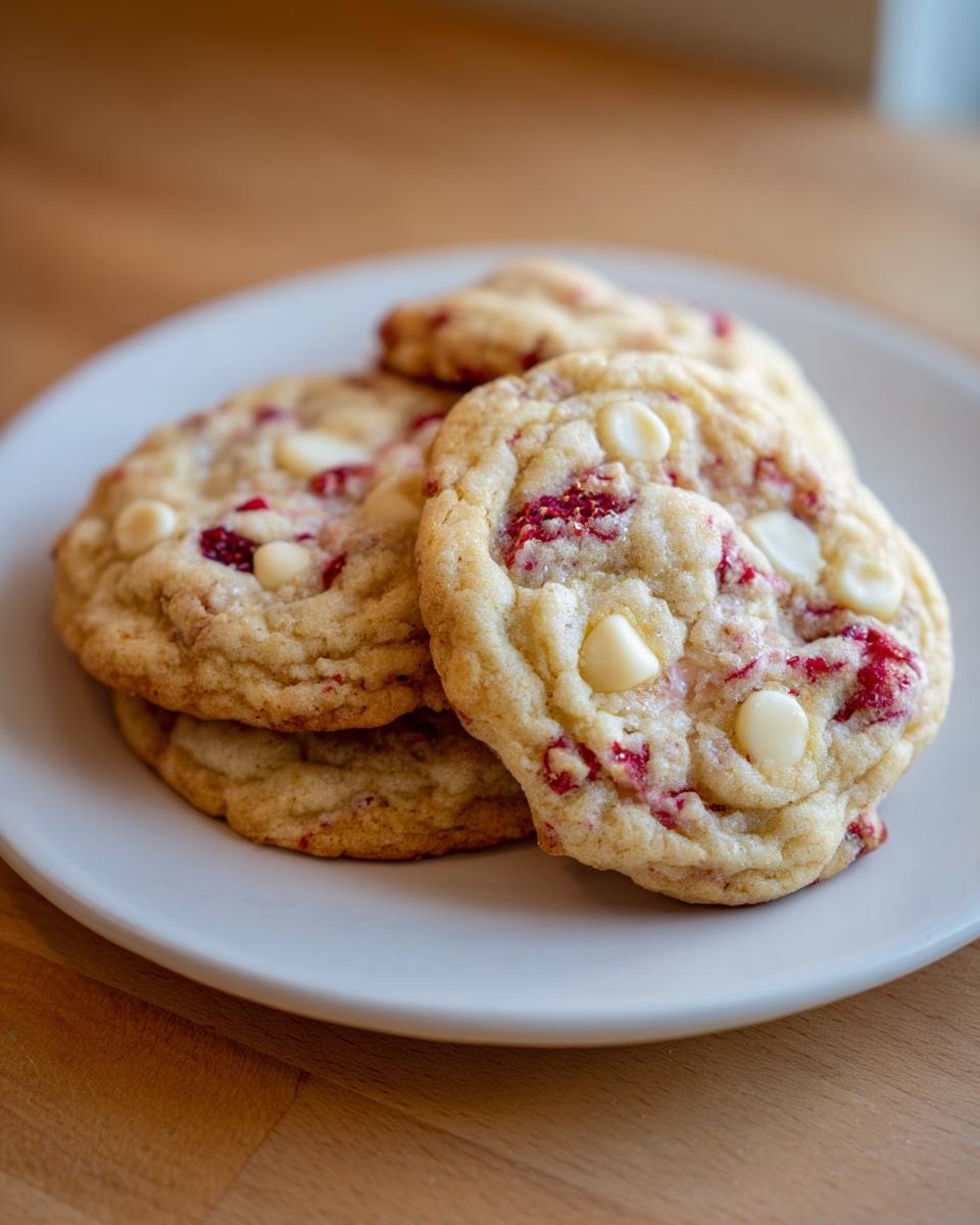 A stack of freshly baked white chocolate raspberry cookies featuring visible white chocolate chips and bright red raspberry pieces.