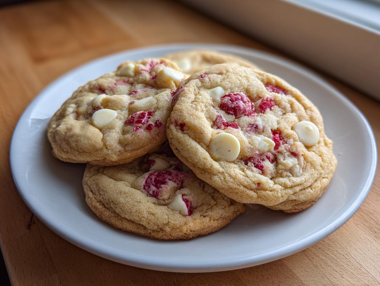 Three freshly baked white chocolate raspberry cookies stacked slightly on a white plate.