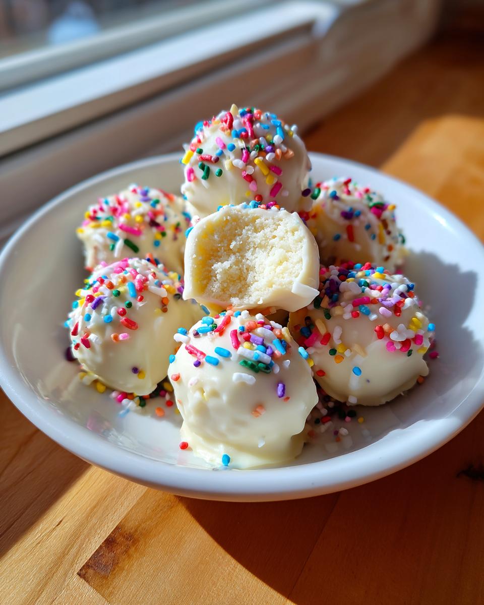 A pile of white chocolate coated sugar cookie truffles topped with rainbow sprinkles, one is cut open showing the soft interior.