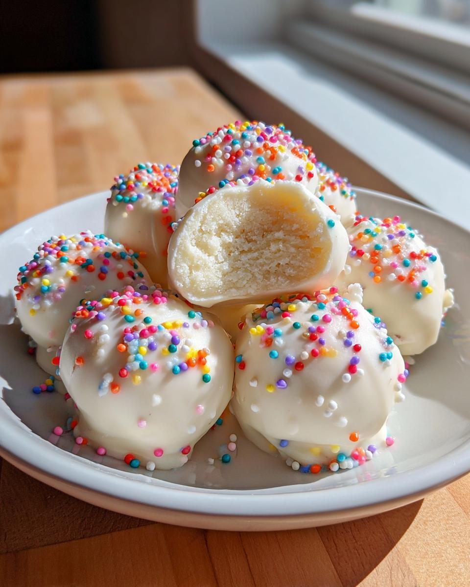 A pile of white chocolate-covered sugar cookie truffles topped with rainbow sprinkles, one is cut open.