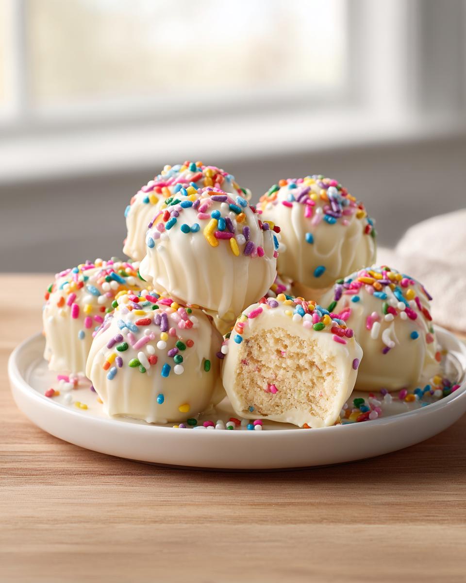 A pile of white chocolate coated sugar cookie truffles topped with colorful sprinkles, one is bitten into.