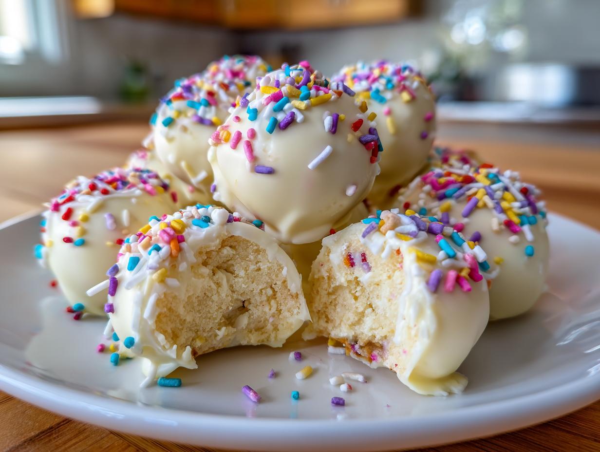 A plate of white chocolate sugar cookie truffles covered in colorful sprinkles, one is broken open showing the soft center.