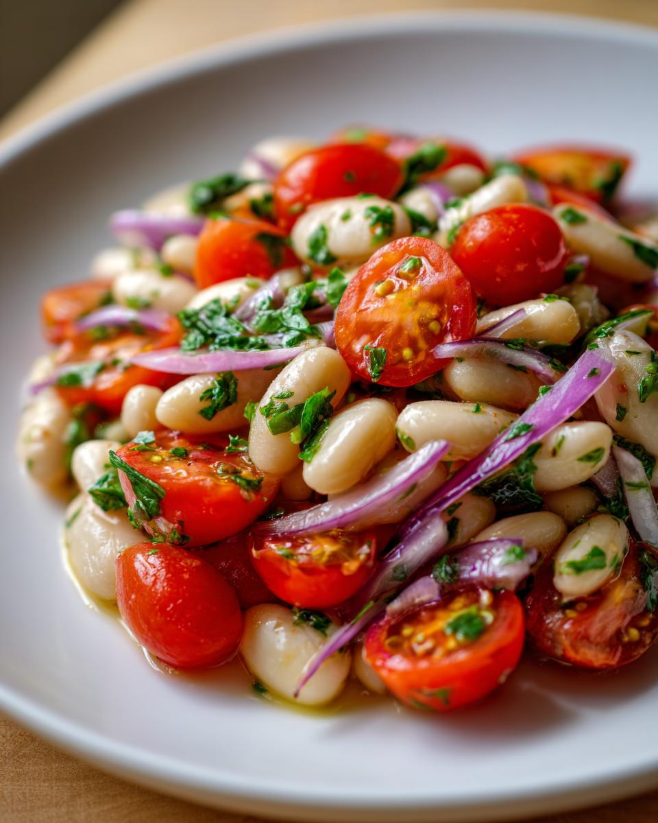 Close-up of a vibrant white bean salad featuring cannellini beans, halved cherry tomatoes, red onion slices, and fresh parsley.