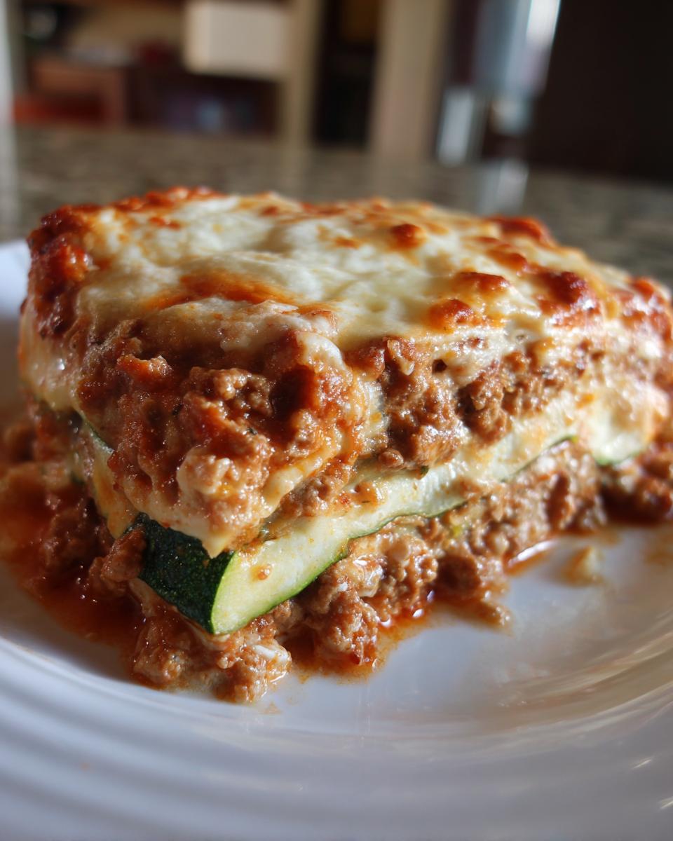 Close-up of a single serving of zucchini lasagna layered with meat sauce and melted mozzarella cheese.