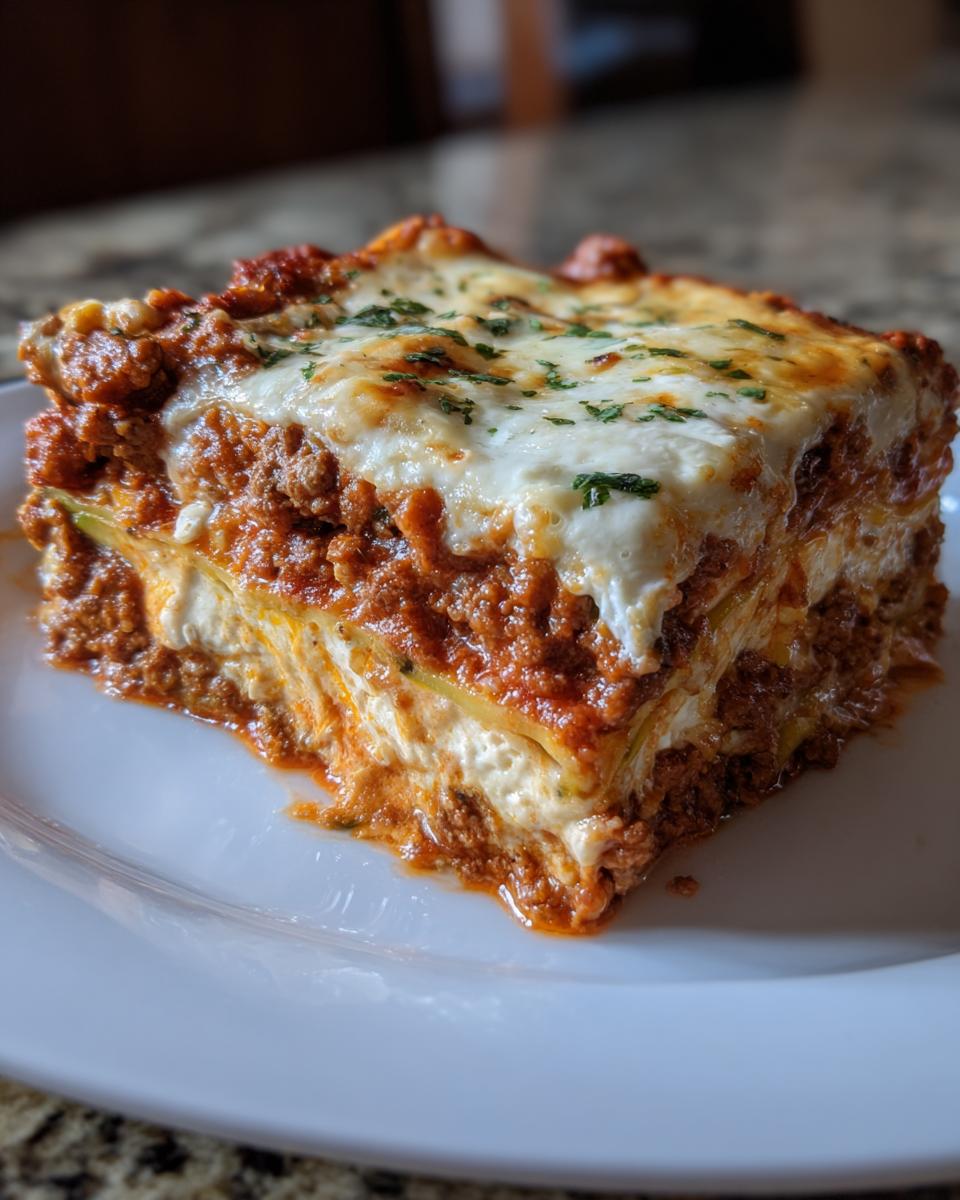 A close-up of a hearty slice of zucchini lasagna layered with meat sauce and ricotta, topped with melted mozzarella and parsley.